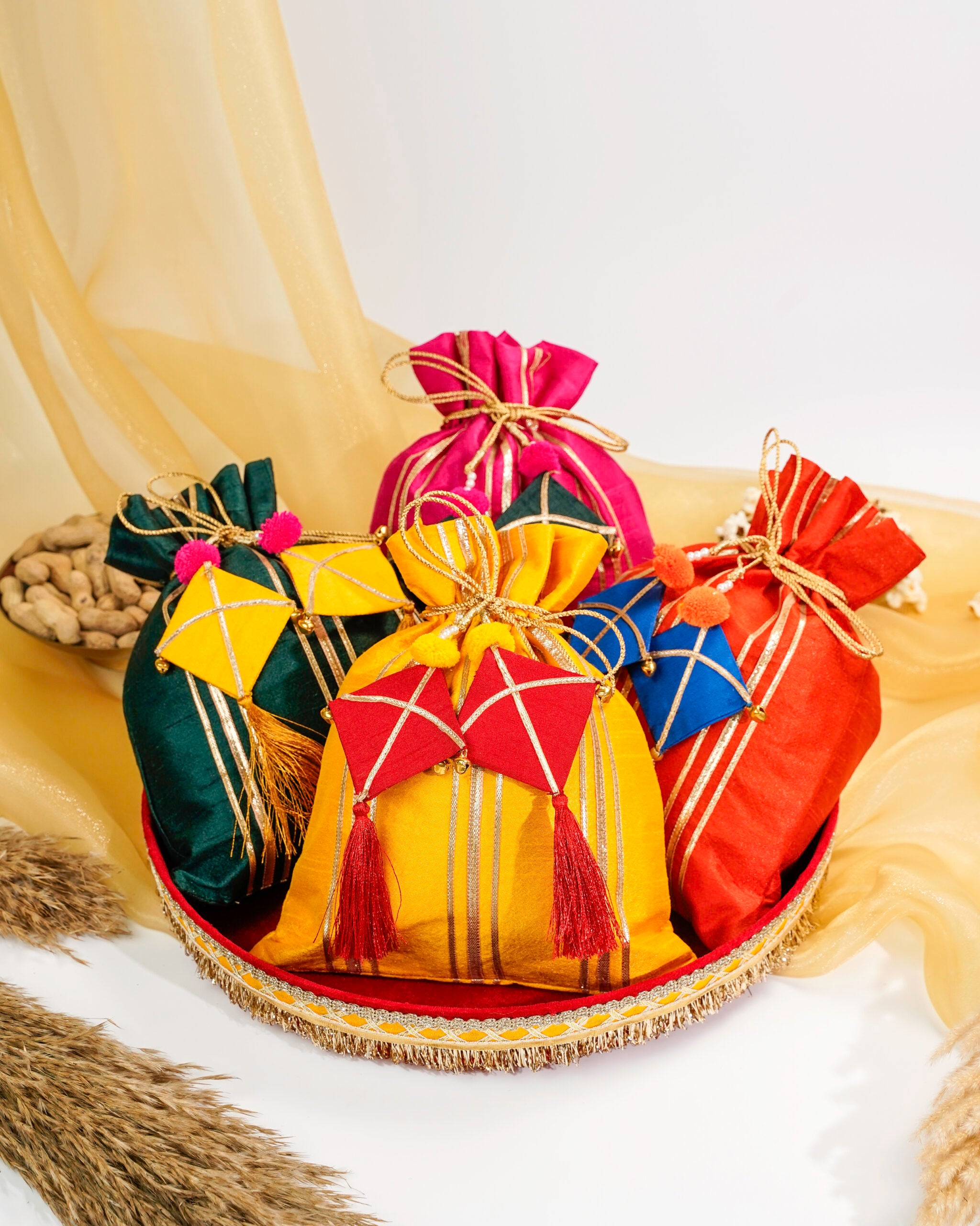 Silk Gota Work Potli with Kites (Set of 4 multi-colour)