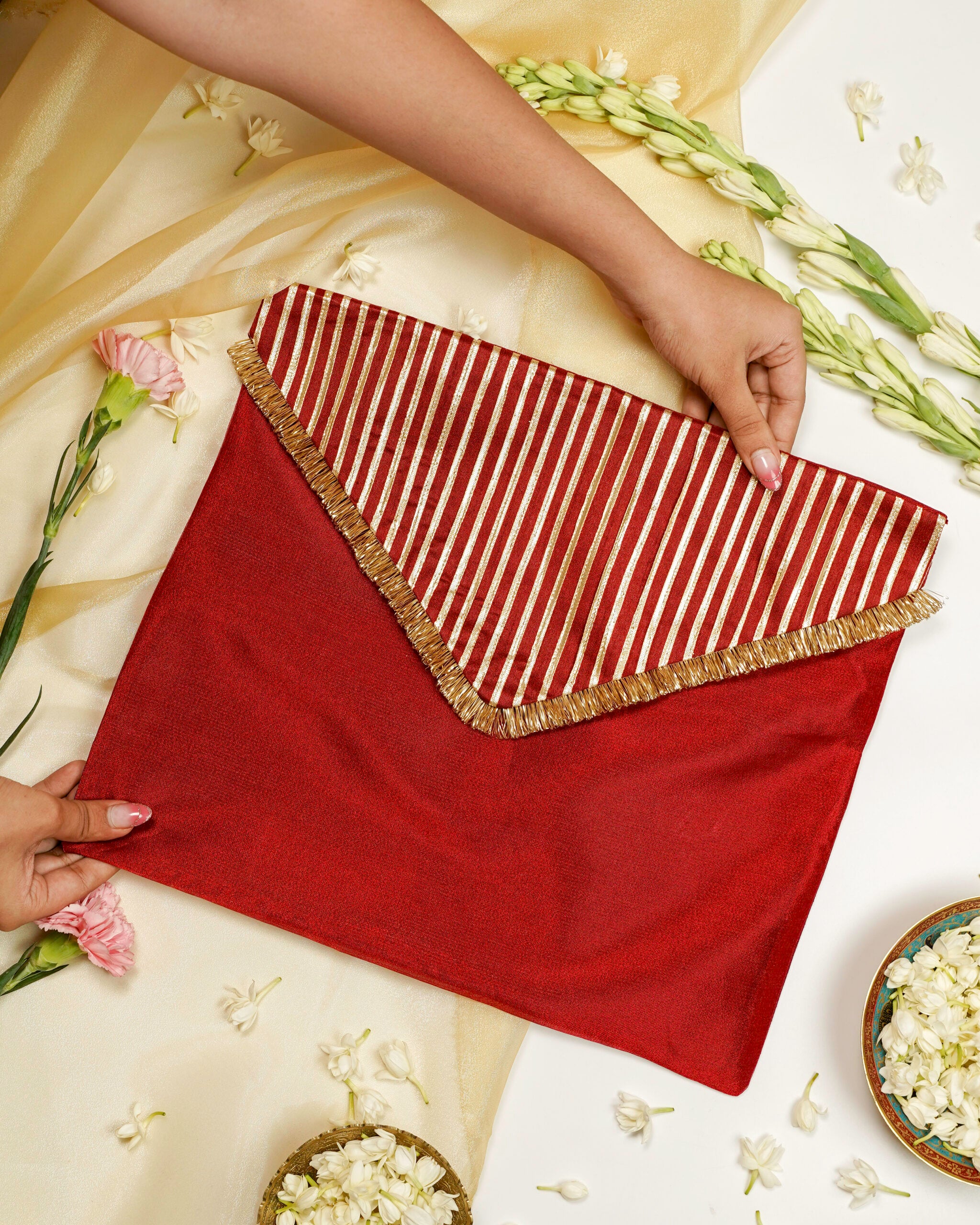 Saaj Silk, Full Gota work with Gold trims, Trousseau Bag