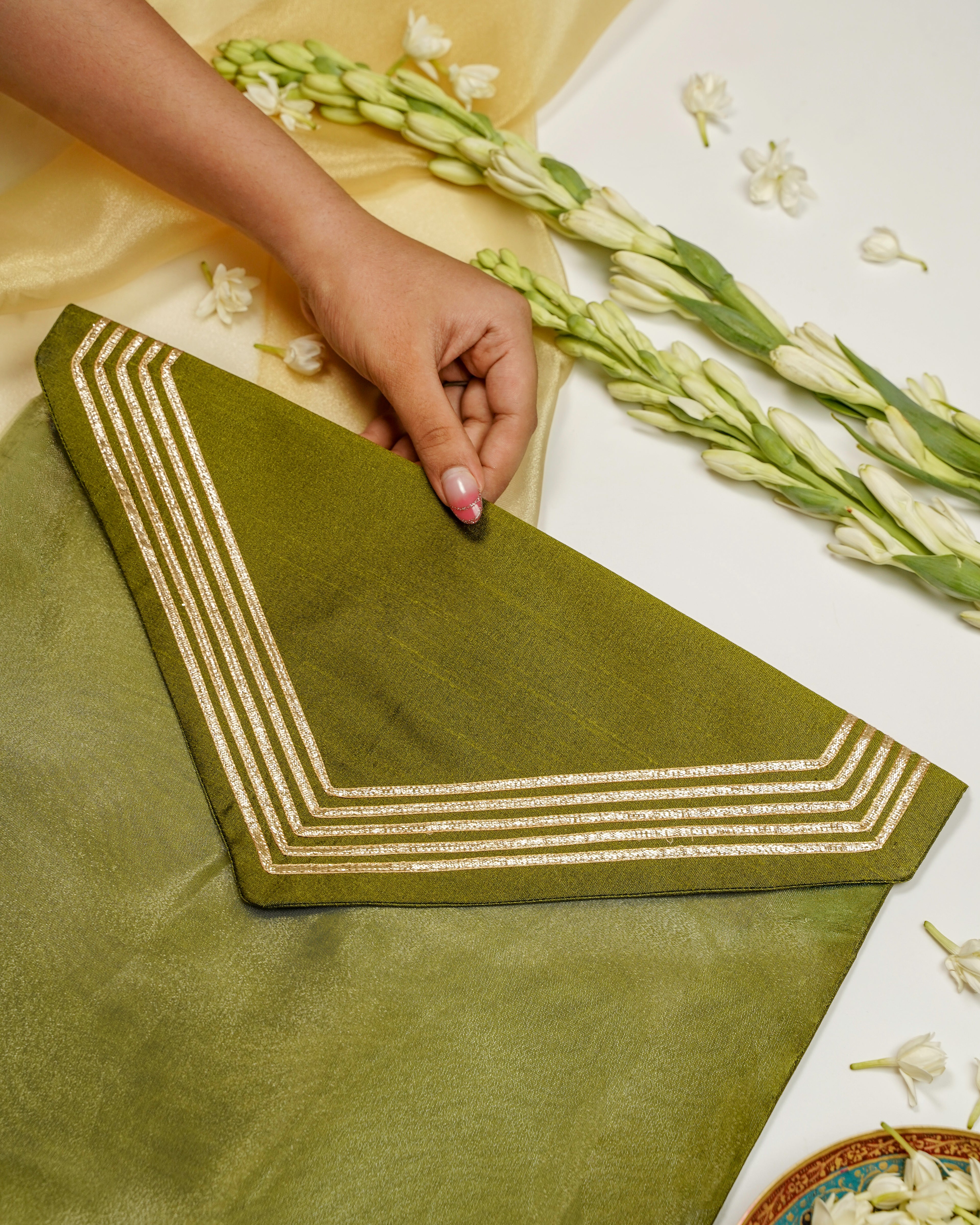 Saawan Silk, V Design Gota work with Gold trims, Trousseau Bag