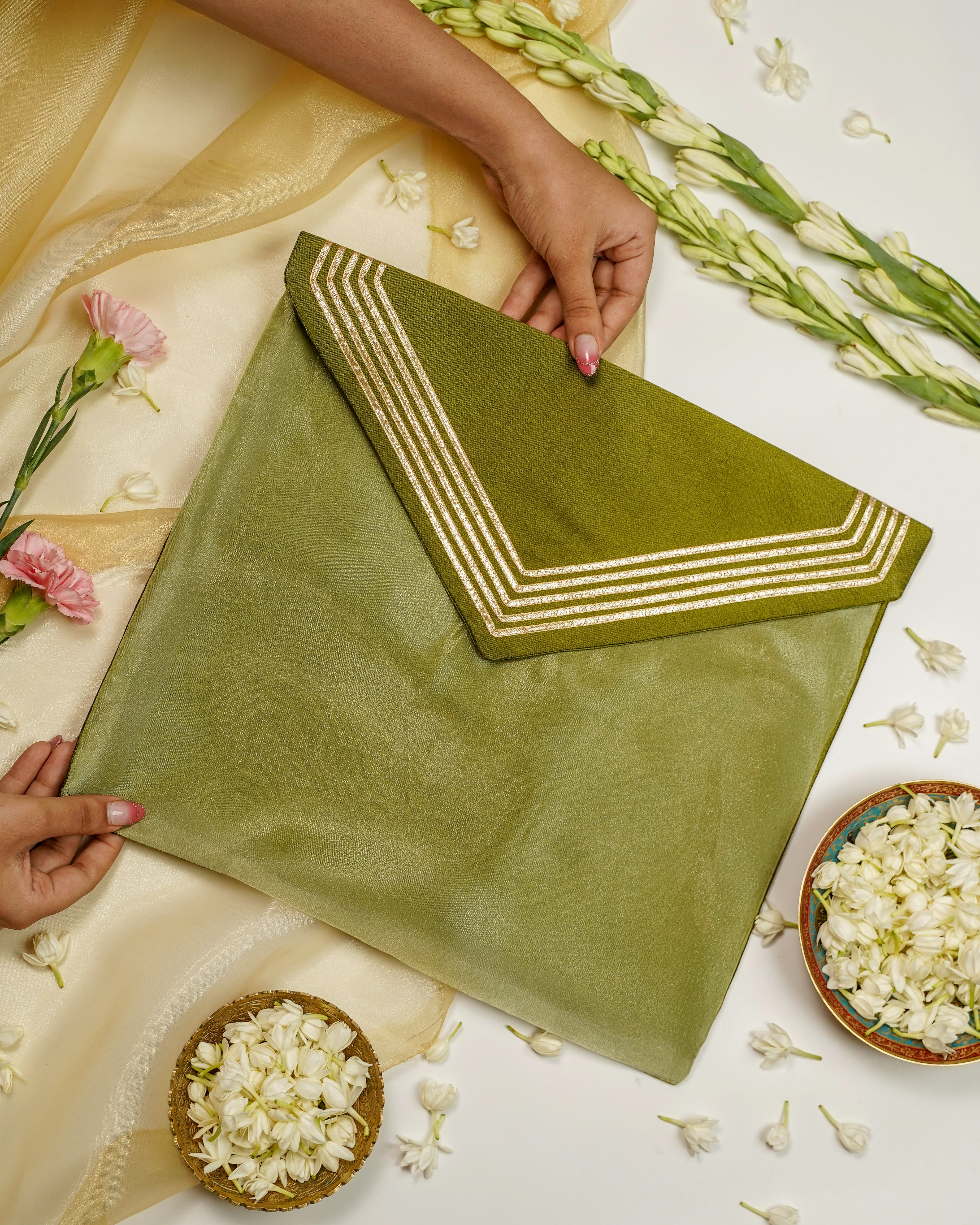 Saawan Silk, V Design Gota work Trousseau Bag