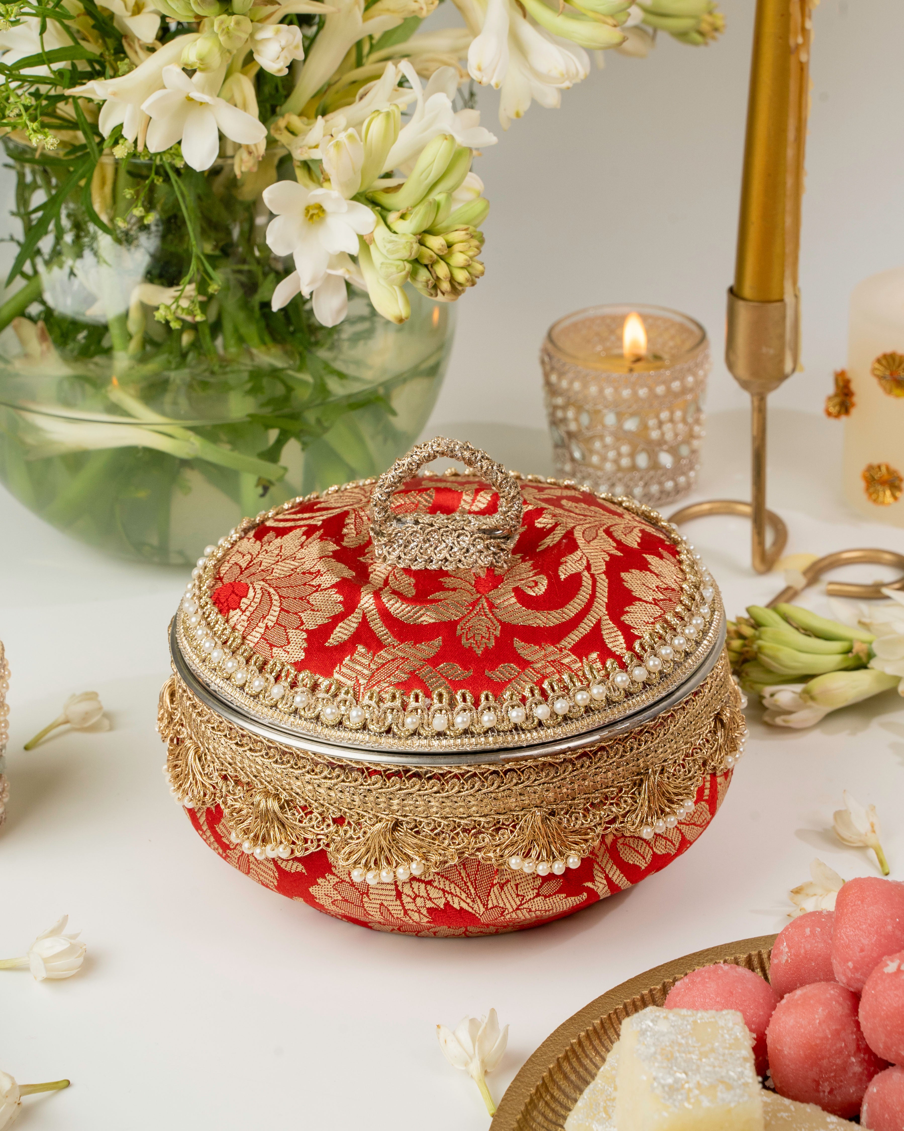 Red Brocade Ladoo Box