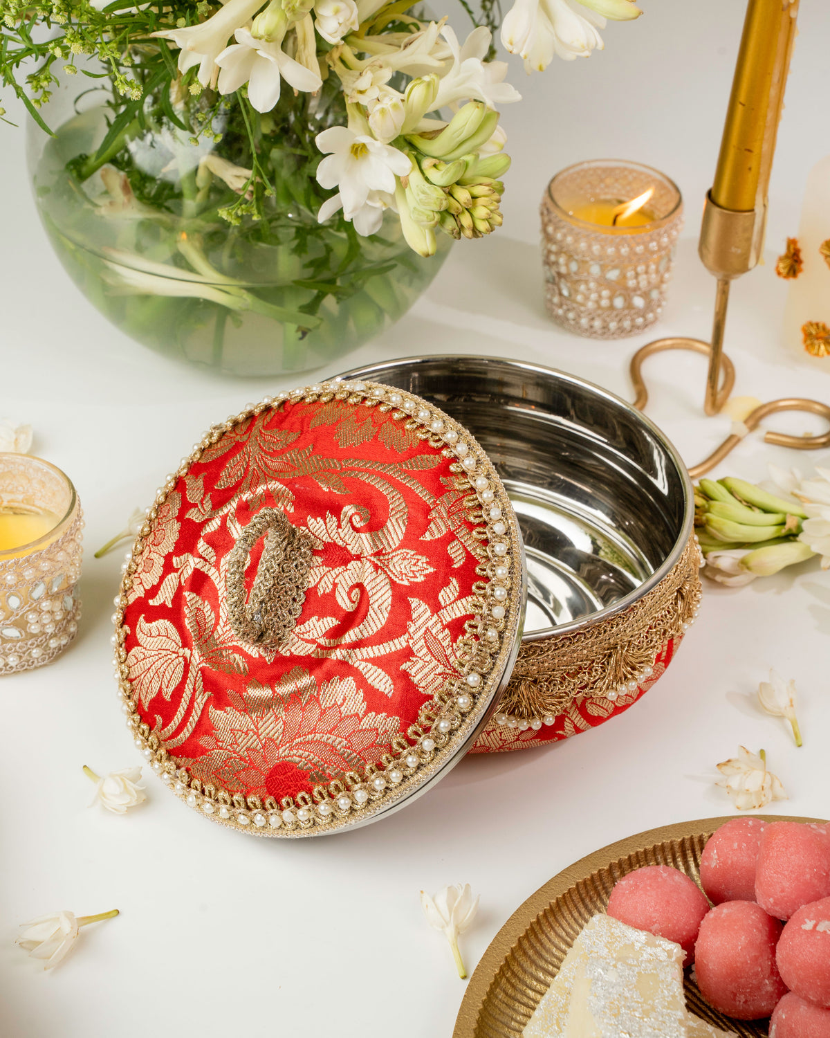 Red Brocade Ladoo Box