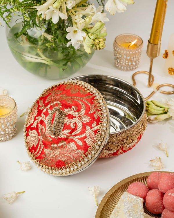Red Brocade Ladoo Box