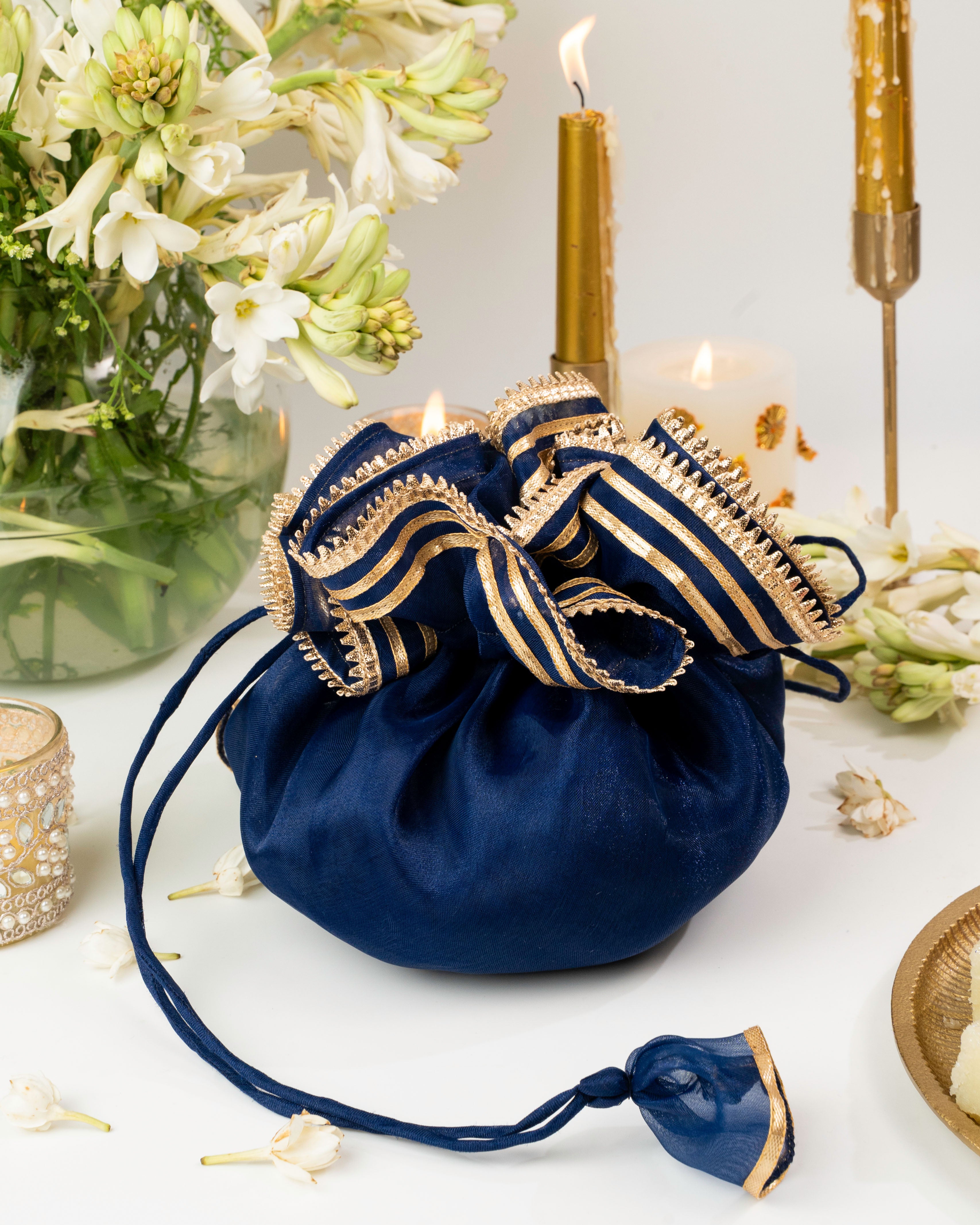 Navy Blue Gota Organza Potli
