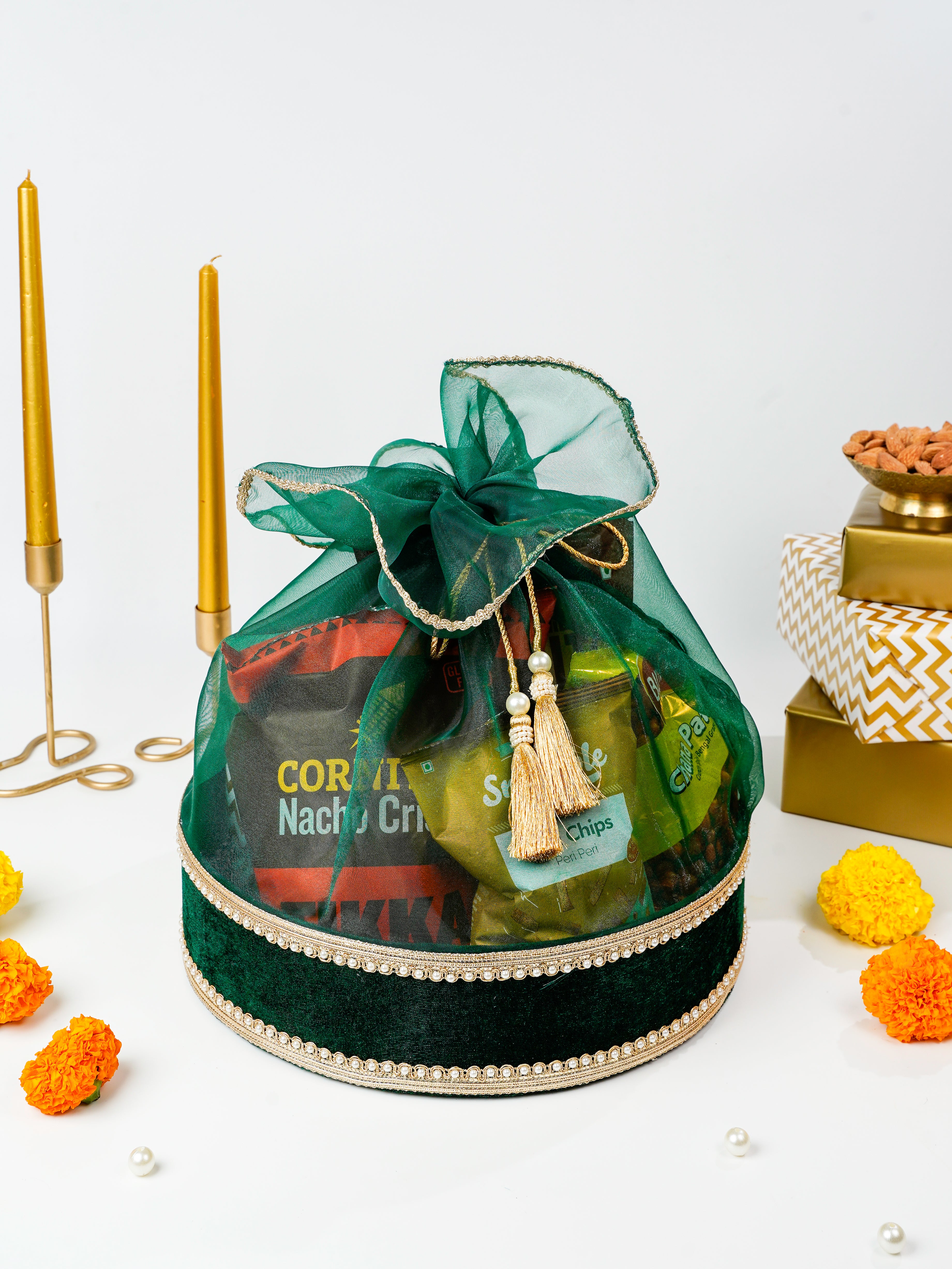 Green Velvet Round Tissue Basket