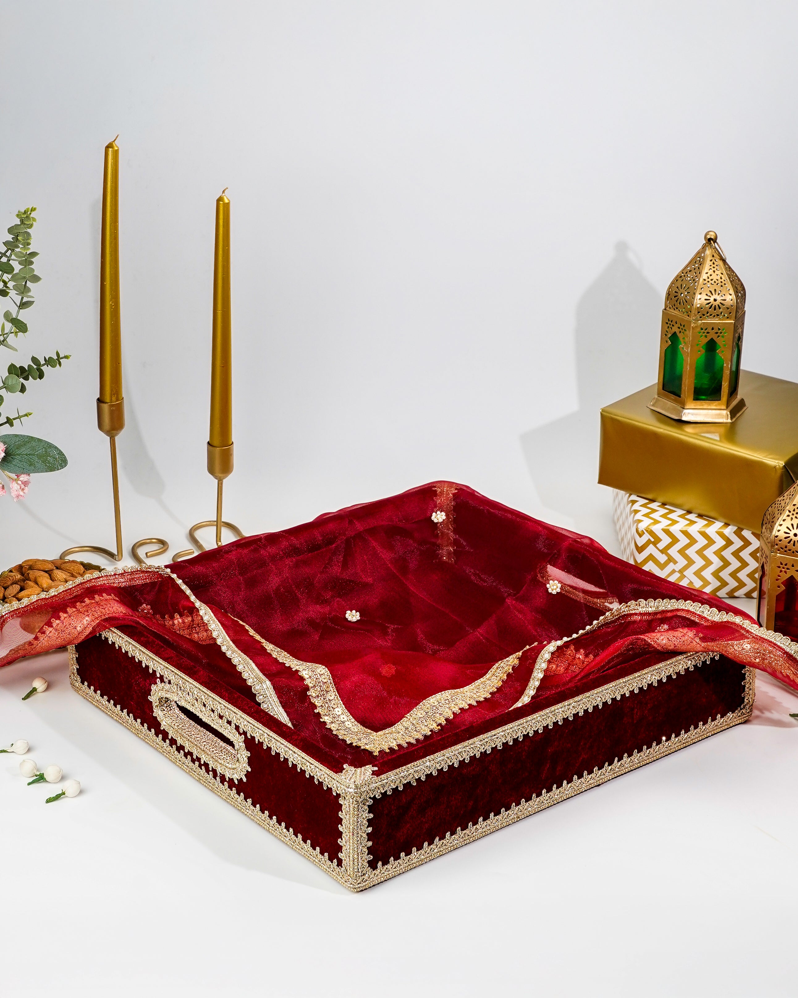 Maroon Velvet MDF Tray with Cover (Medium)