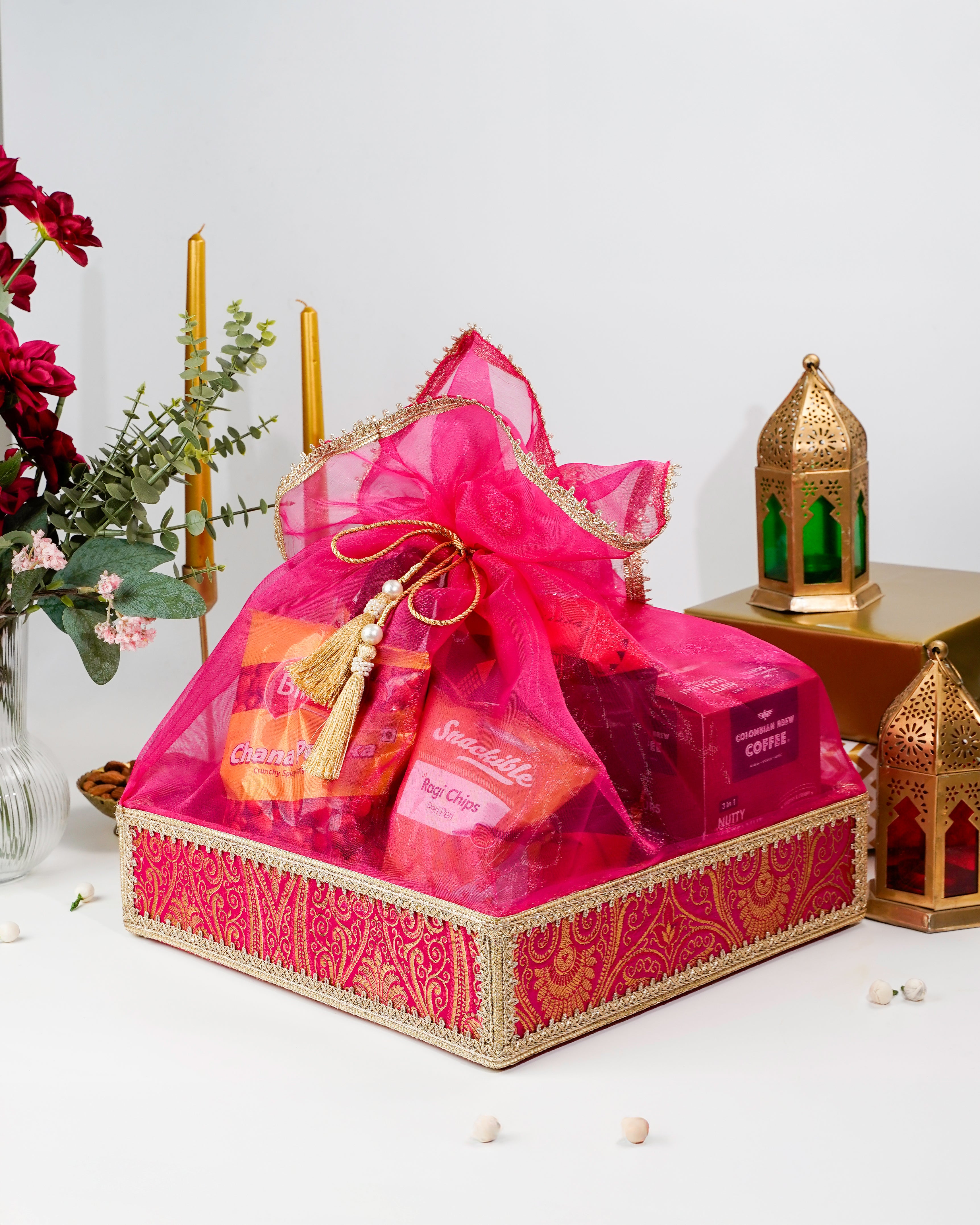 Raani Pink Brocade Tissue Basket