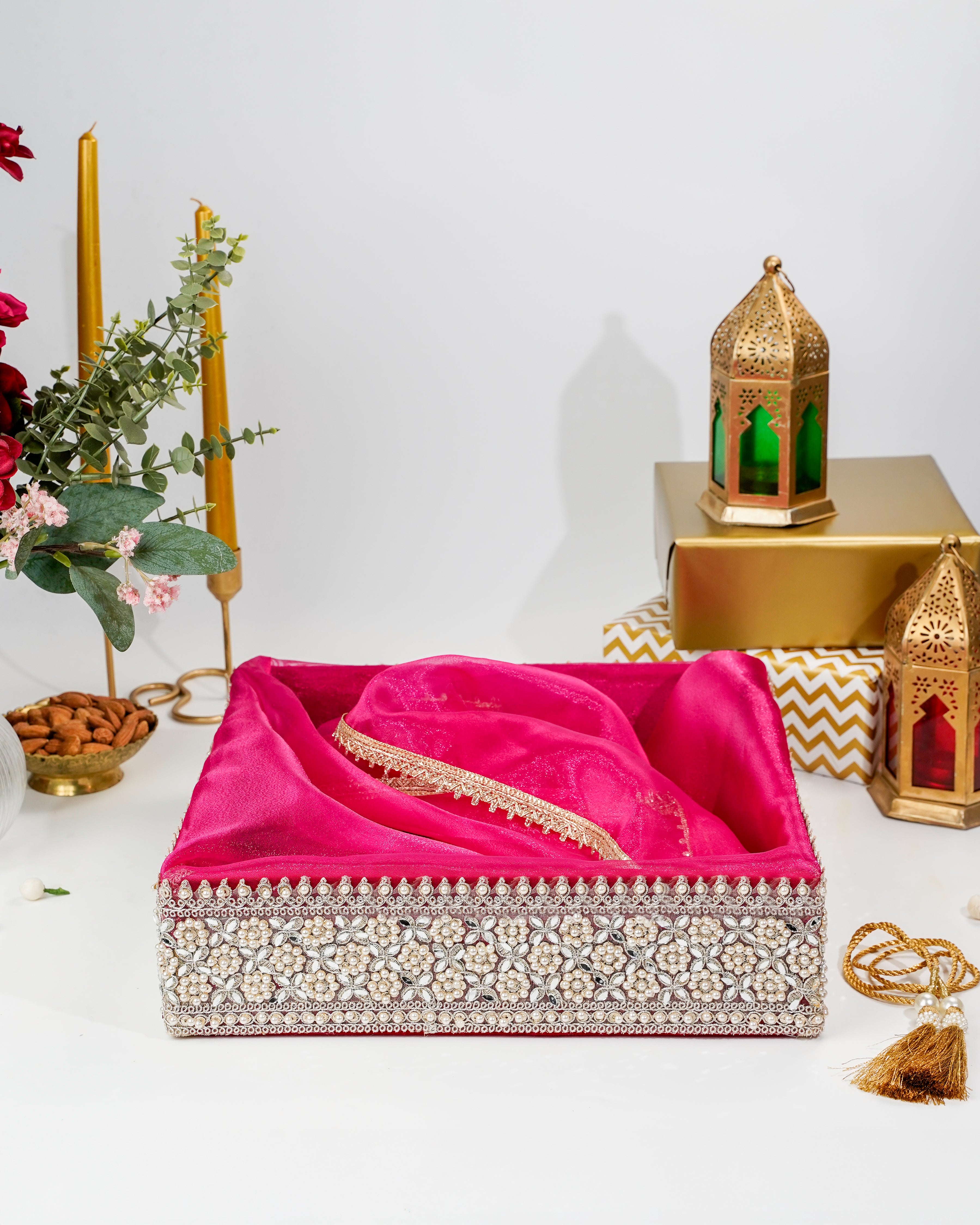 Raani Pink Mirror/Pearl Work Tissue Basket