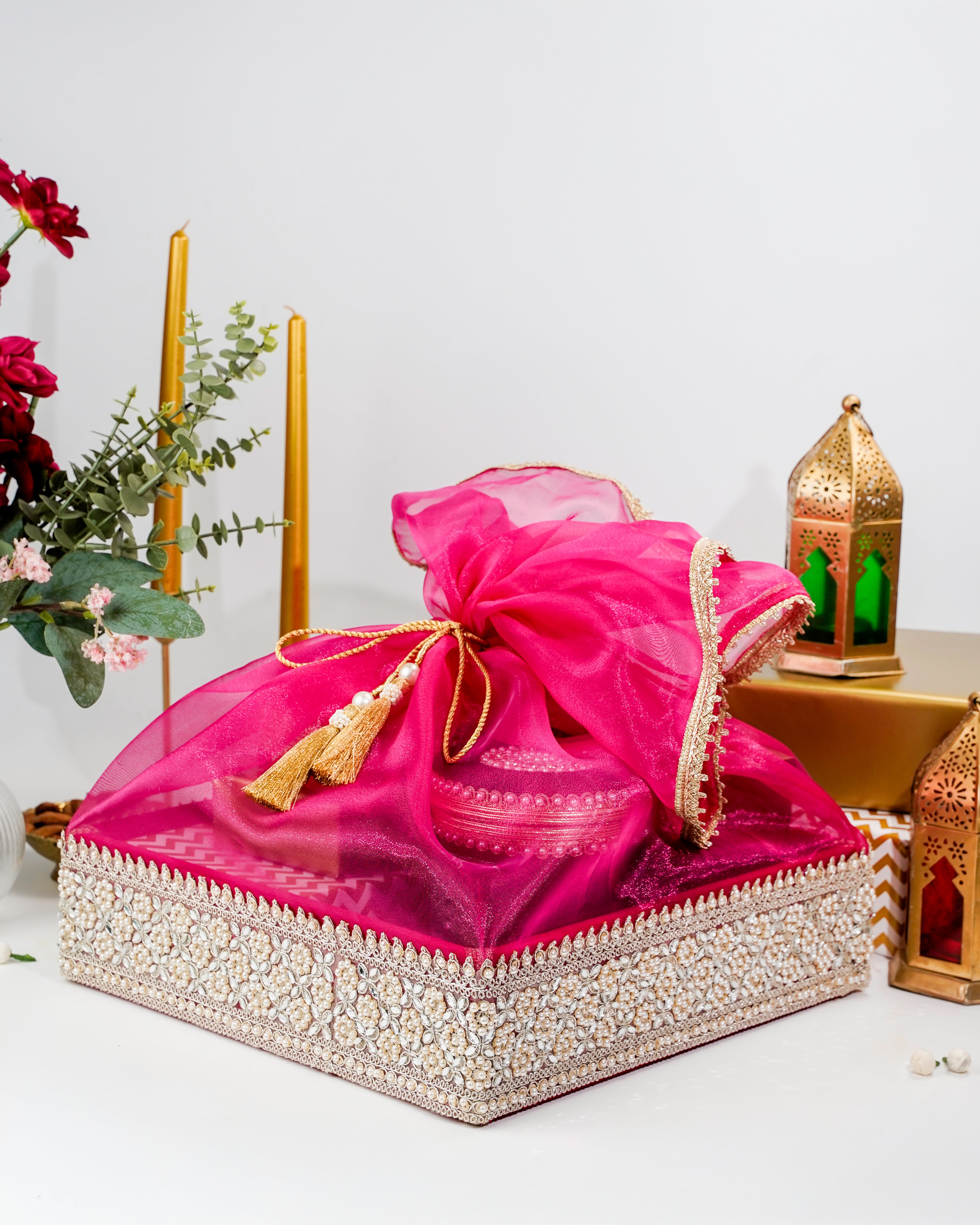 Raani Pink Mirror/Pearl Work Tissue Basket