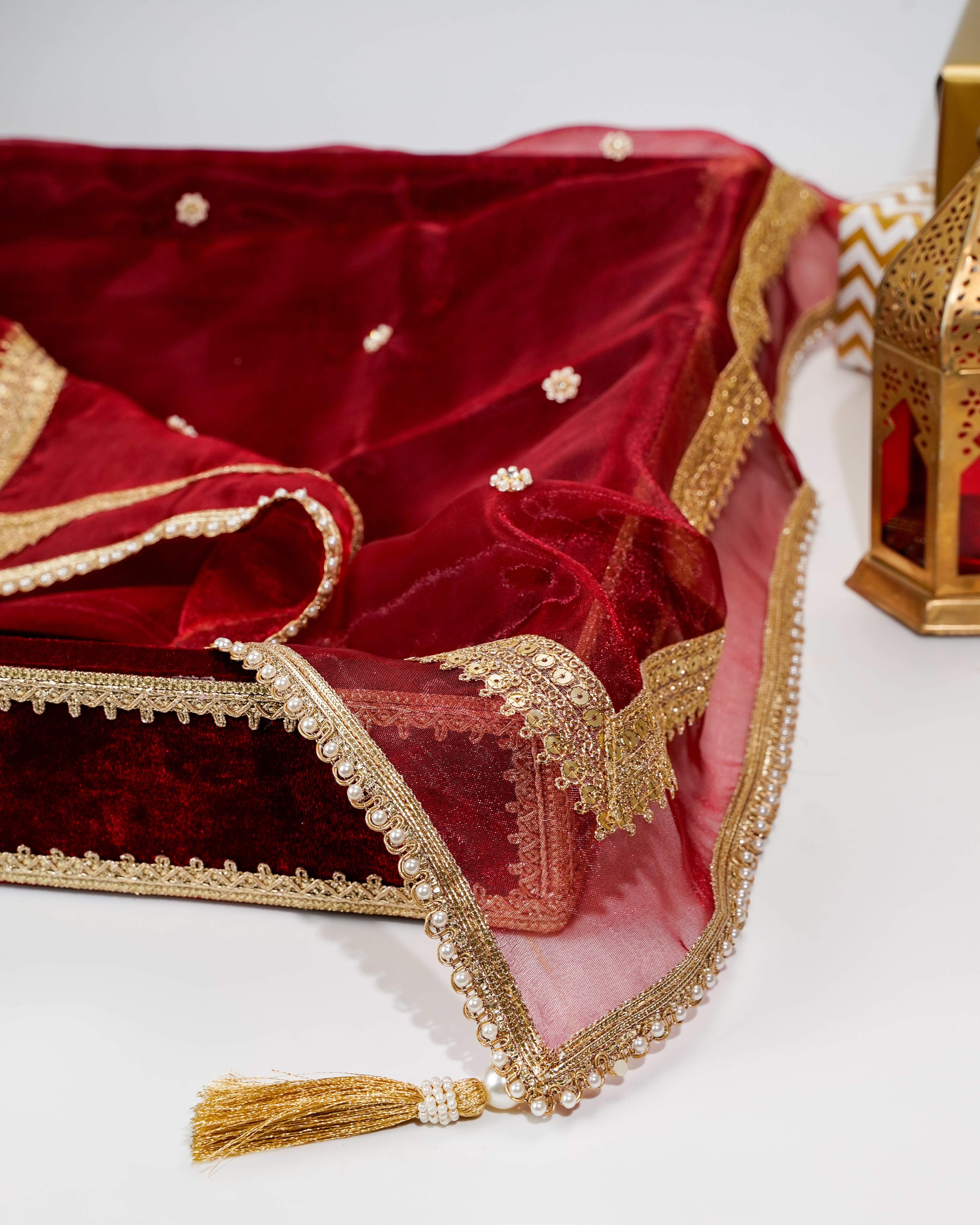 Maroon Velvet MDF Tray with Cover (Large)