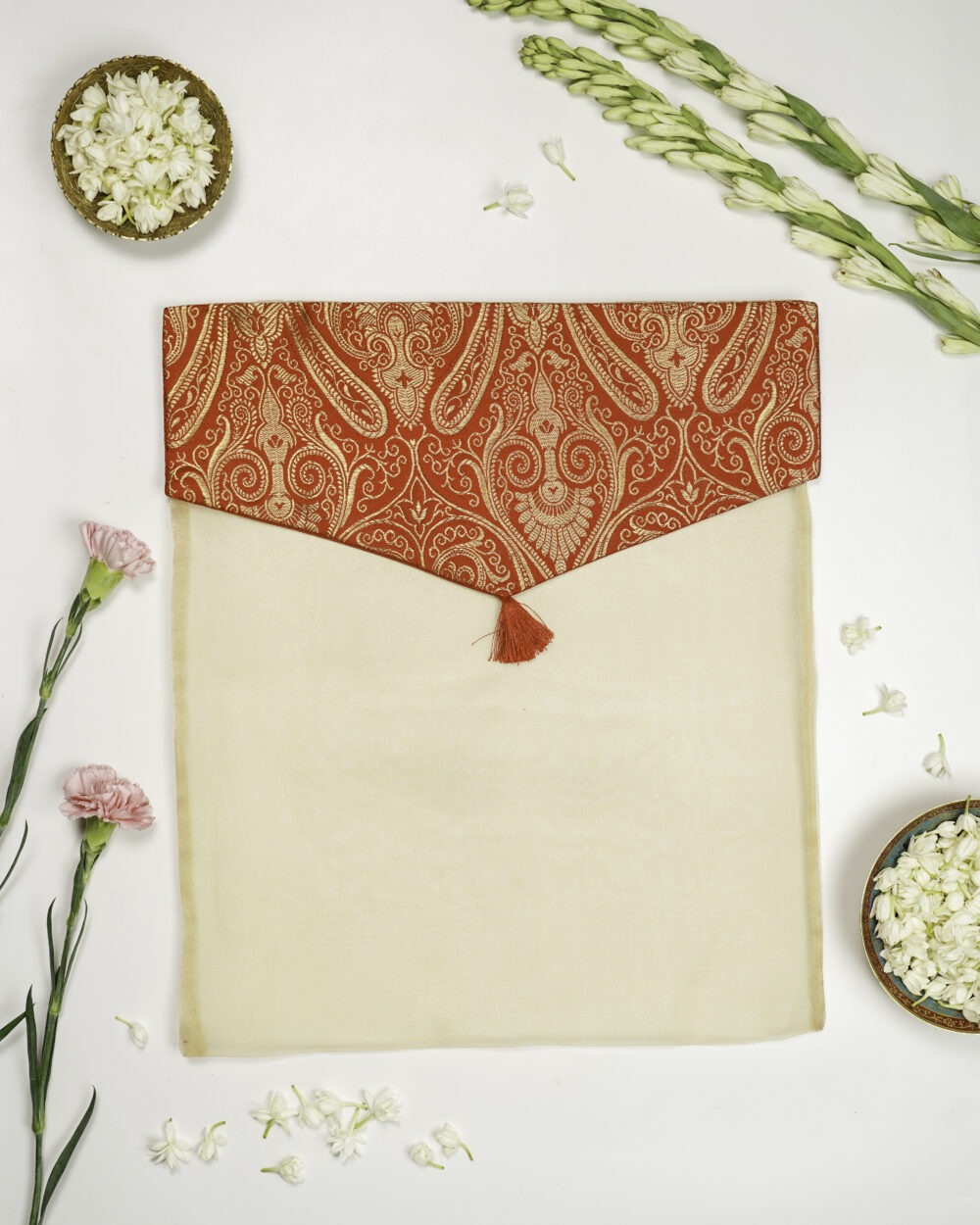 Navka Studio Gulbahar Brocade Silk & Organza Trousseau Bag — red brocade flap, cream organza pouch.