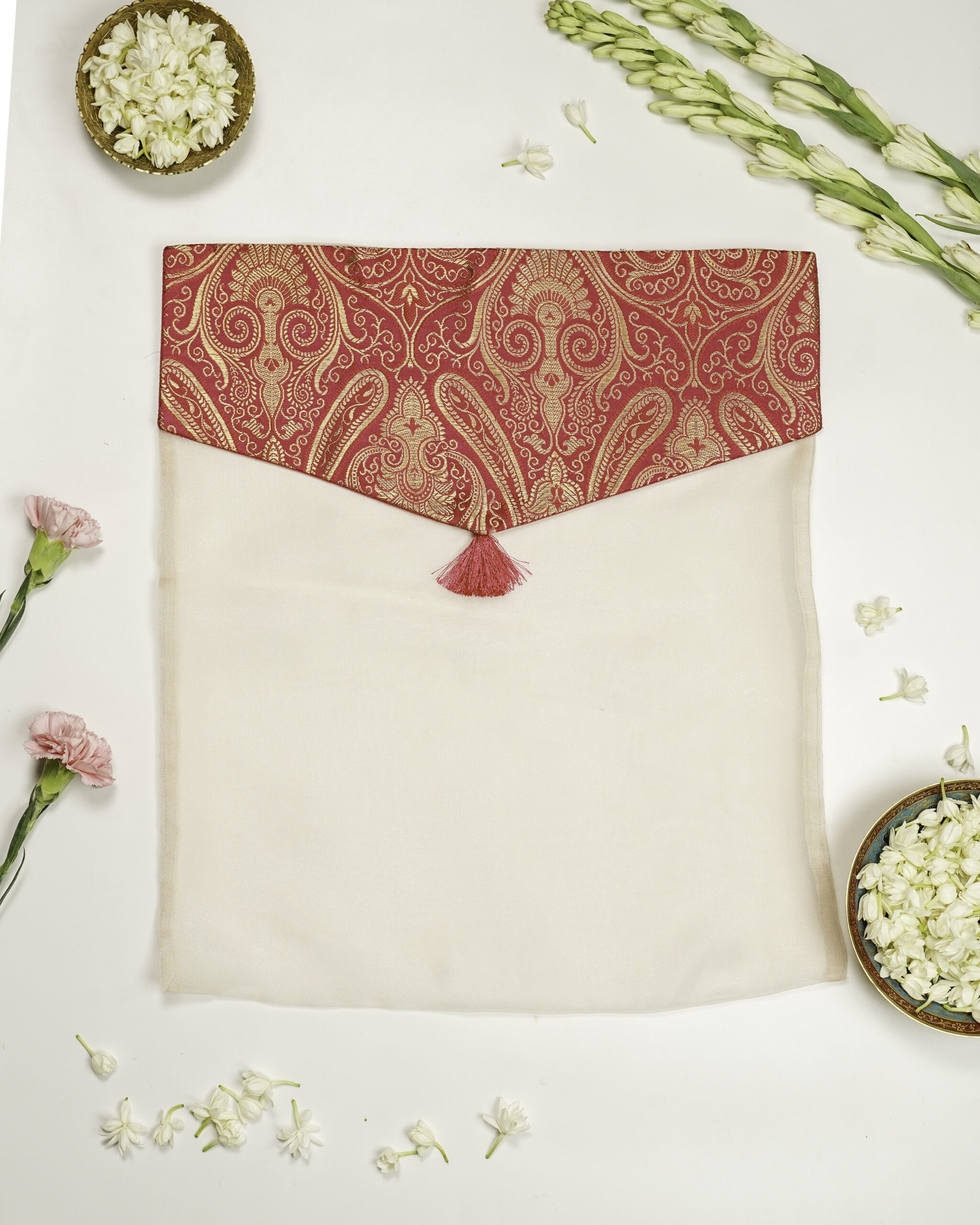 The floral-themed Gulzaar Brocade Silk & Organza Trousseau Bag by Navka Studio, for bridal storage.