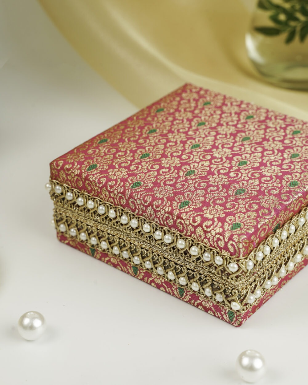 Gulzar Brocade Kada Box, Pink and gold embroidered jewelry box decorated with pearl and golden lace detailing.