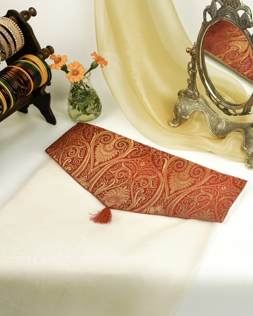 Navka Studio Gulzaar Brocade Silk & Organza Trousseau Bag in red-gold brocade and cream organza design, perfect for gifting.