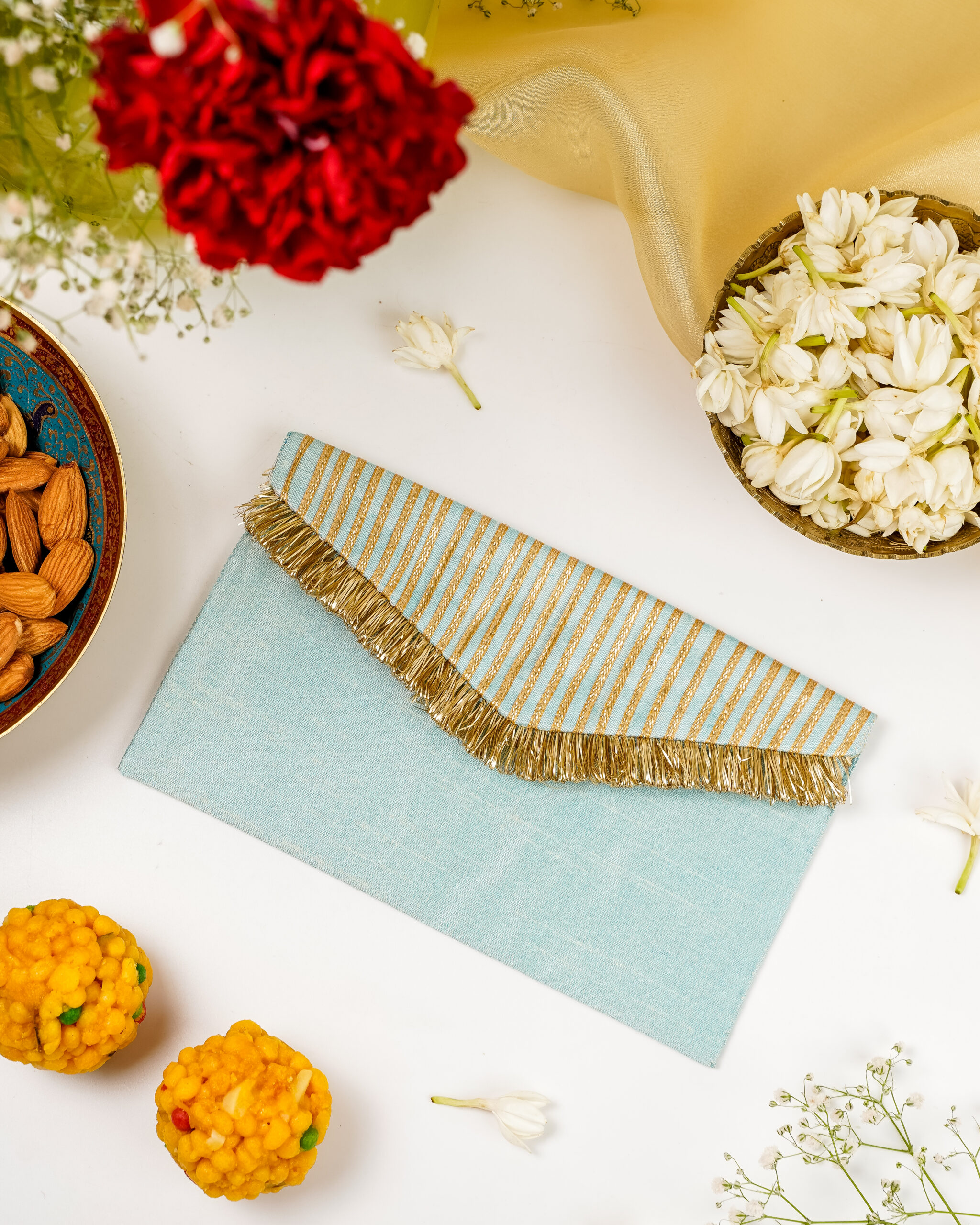 Seher Gota Work Shagun Envelope in silk brocade with tassels, handcrafted by Navka in India