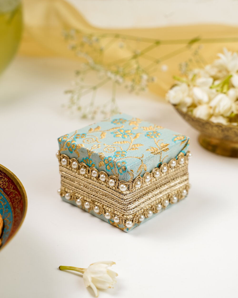 Seher Ring Box in blue brocade with pearl detailing by Navka