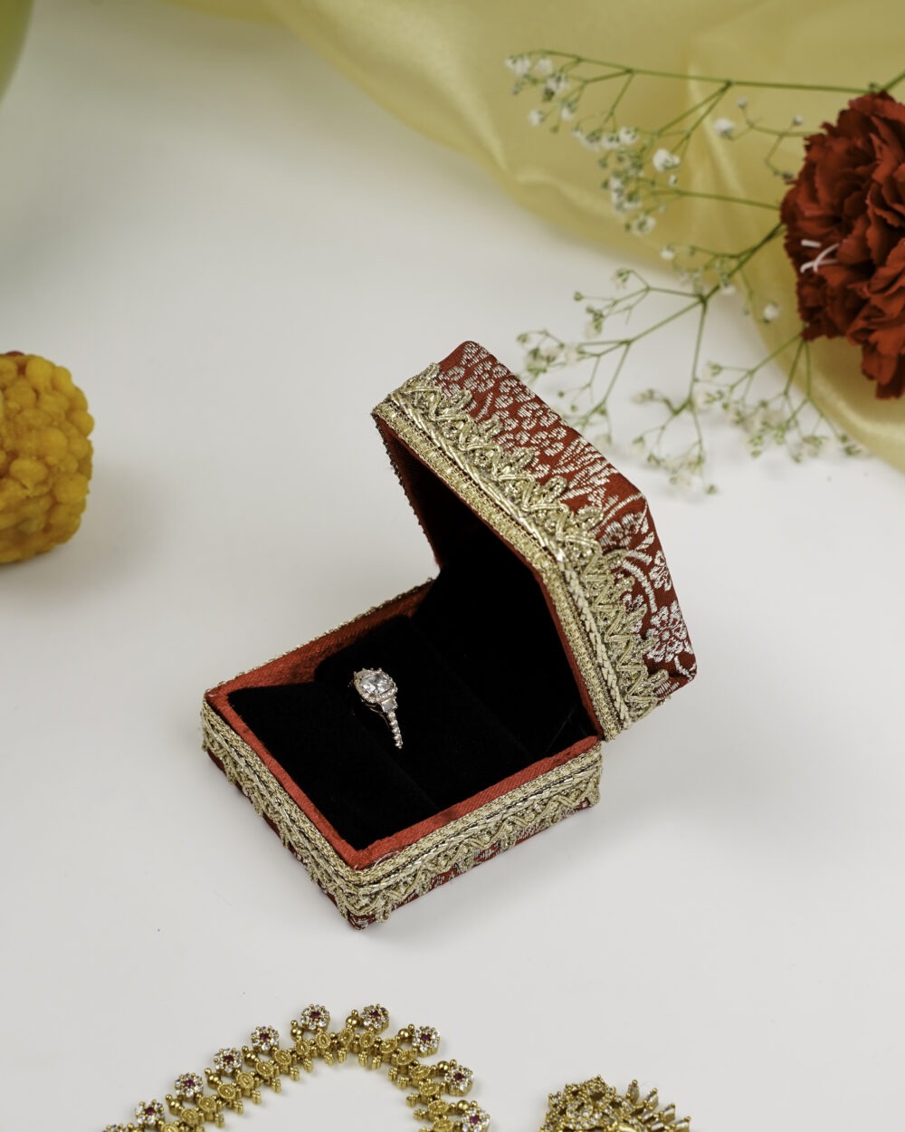 The decorative Saaj Ring Box by Navka Studio, perfect for holding engagement and wedding rings.