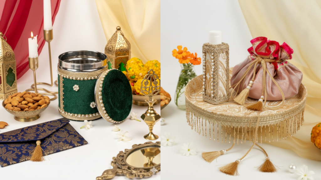Shagun items by Navka Studio green ladoo box and golden shagun thaal