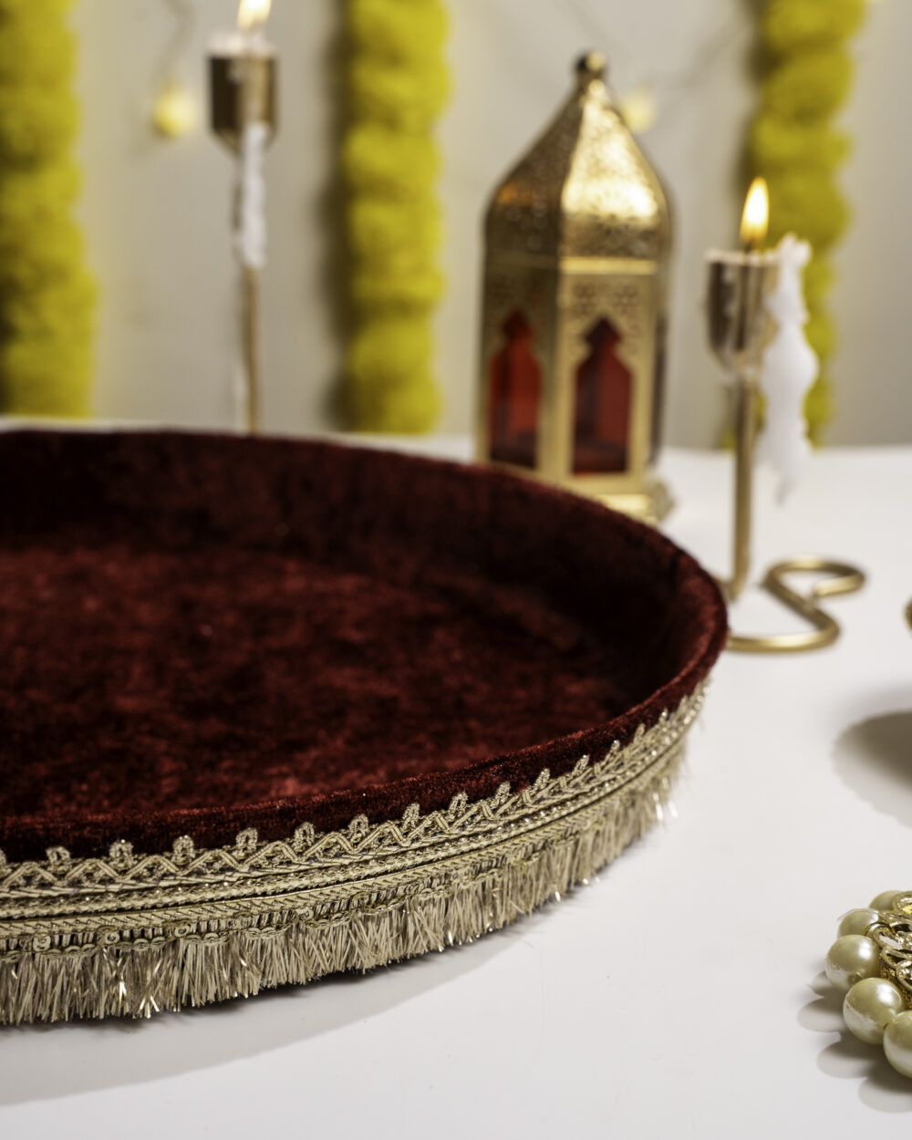 Saaj Velvet Shagun Thaal a important product used in shagun ceremony of Indian weddings presented by Navka Studio.