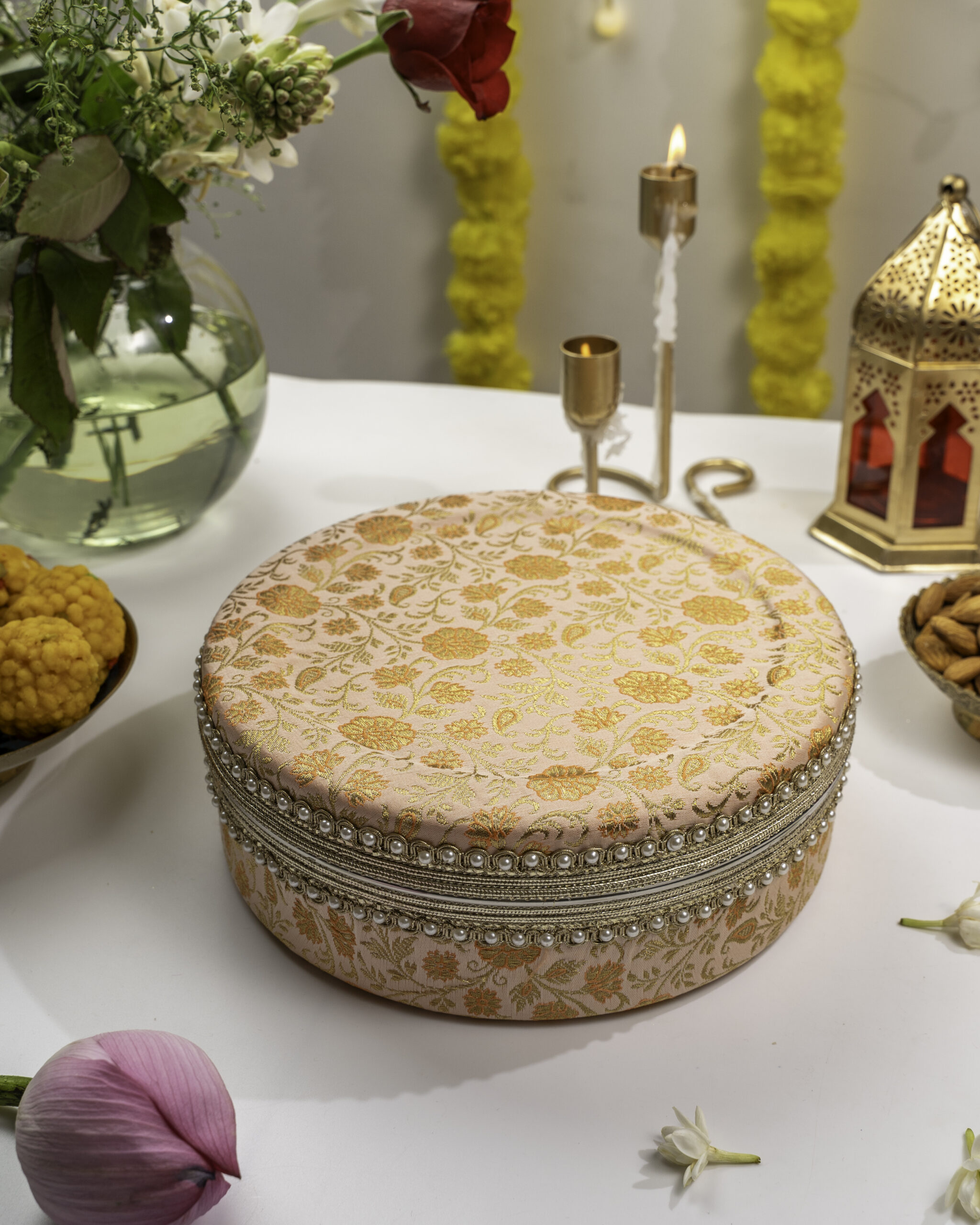 Meher Ladoo Box Flat 1kg, a elegant ladoo box which is used for gifting purpose in Indian Weddings by Navka Studio.