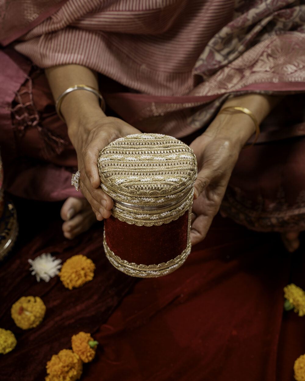 Saaj Velvet Ladoo Box Small (Long Shape), a wedding product used for sweets storing and gifting purpose in wedding functions by Navka Studio.