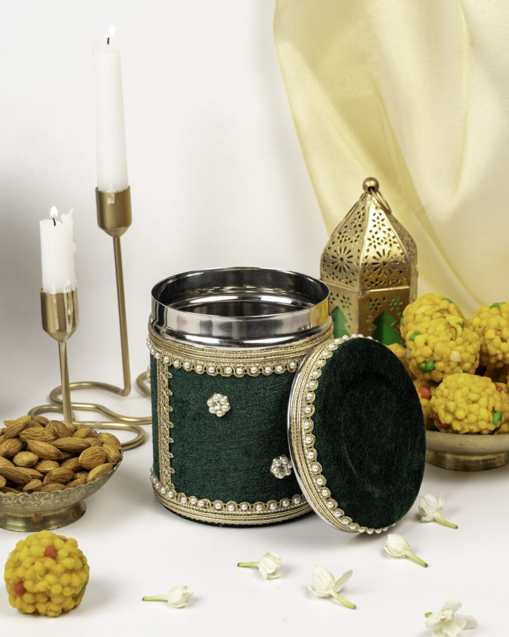 Baagh Velvet Ladoo Box Small Long Shape, part of wedding products which is specially used for gifting purposes in weddings presented by Navka Studio.