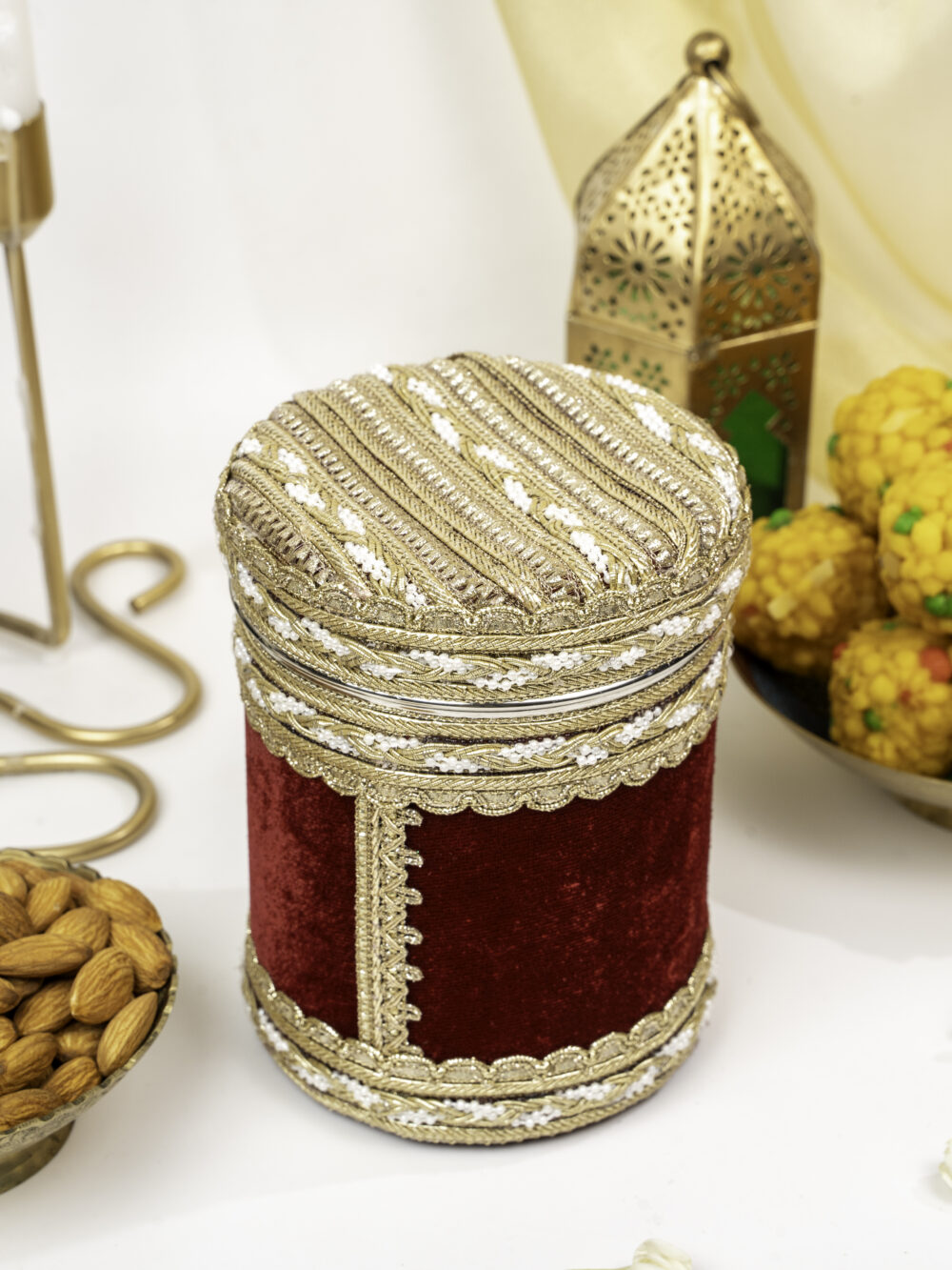 Saaj Velvet Ladoo Box Small (Long Shape), a wedding product by Navka Studio.