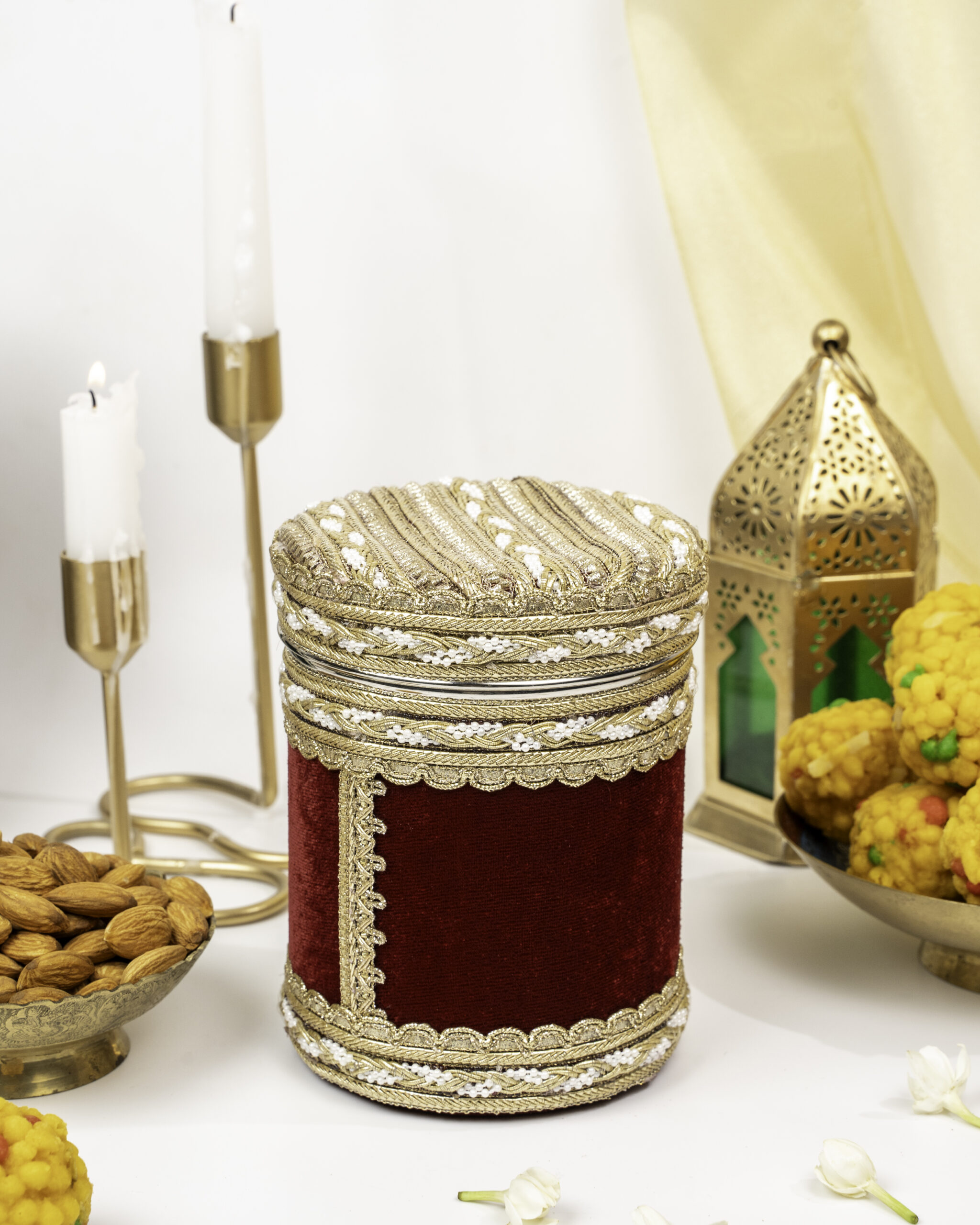 Saaj Velvet Ladoo Box Small (Long Shape) for sweets giftings Saaj Velvet Ladoo Box Small (Long Shape), a wedding product used of gifting purpose and storing sweets by Navka Studio