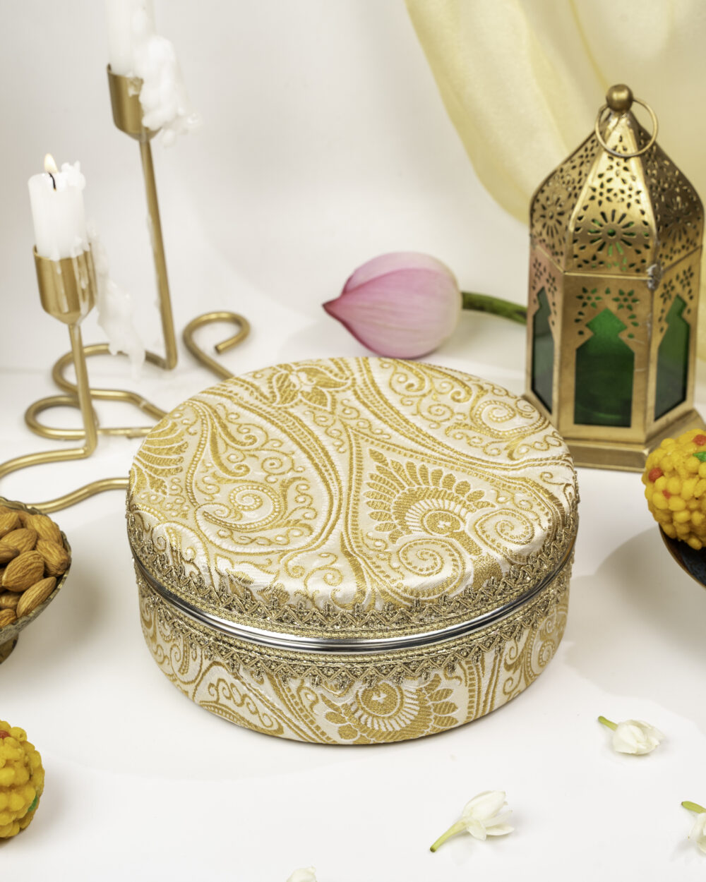 Noori Brocade Ladoo Box Small, a wedding product used sweets gifting purpose, presented by Navka Studio.