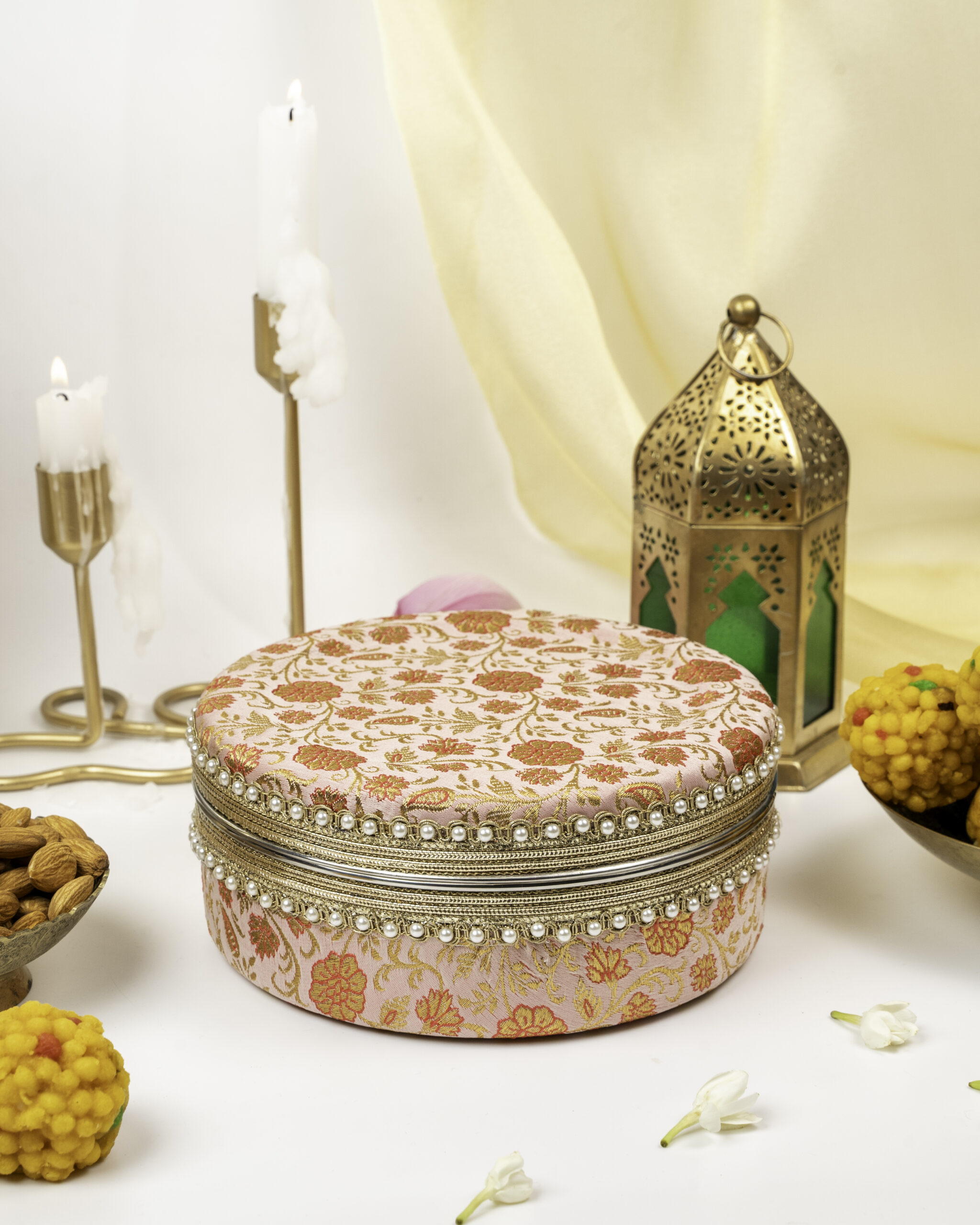 Bahaar Brocade Ladoo Box Small, a wedding product used for storing sweets and gifting purposes by Navka Studio.