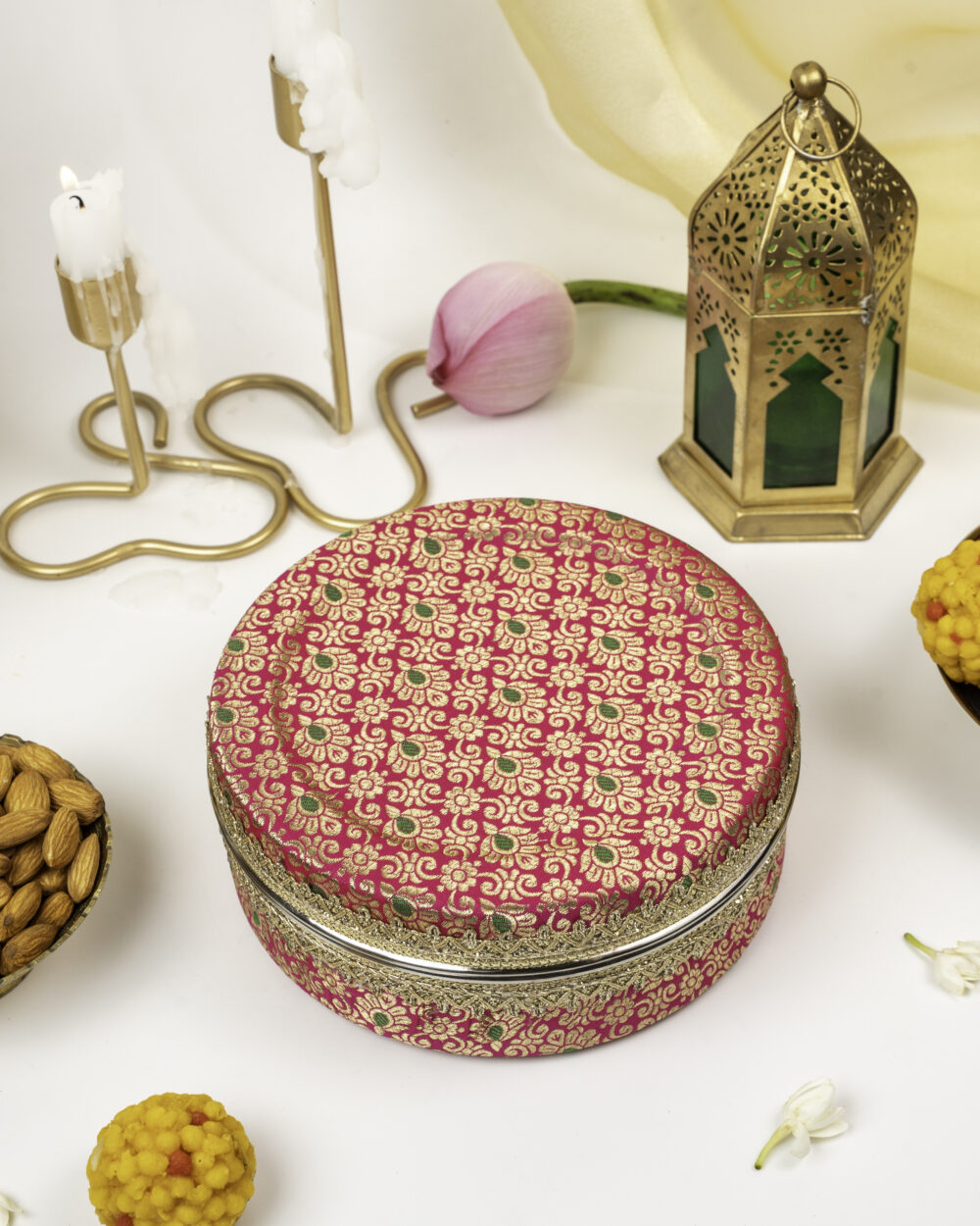 Gulzaar Brocade Ladoo Box Small,a wedding product used for storing sweets and gifting purposes, by Navka Studio