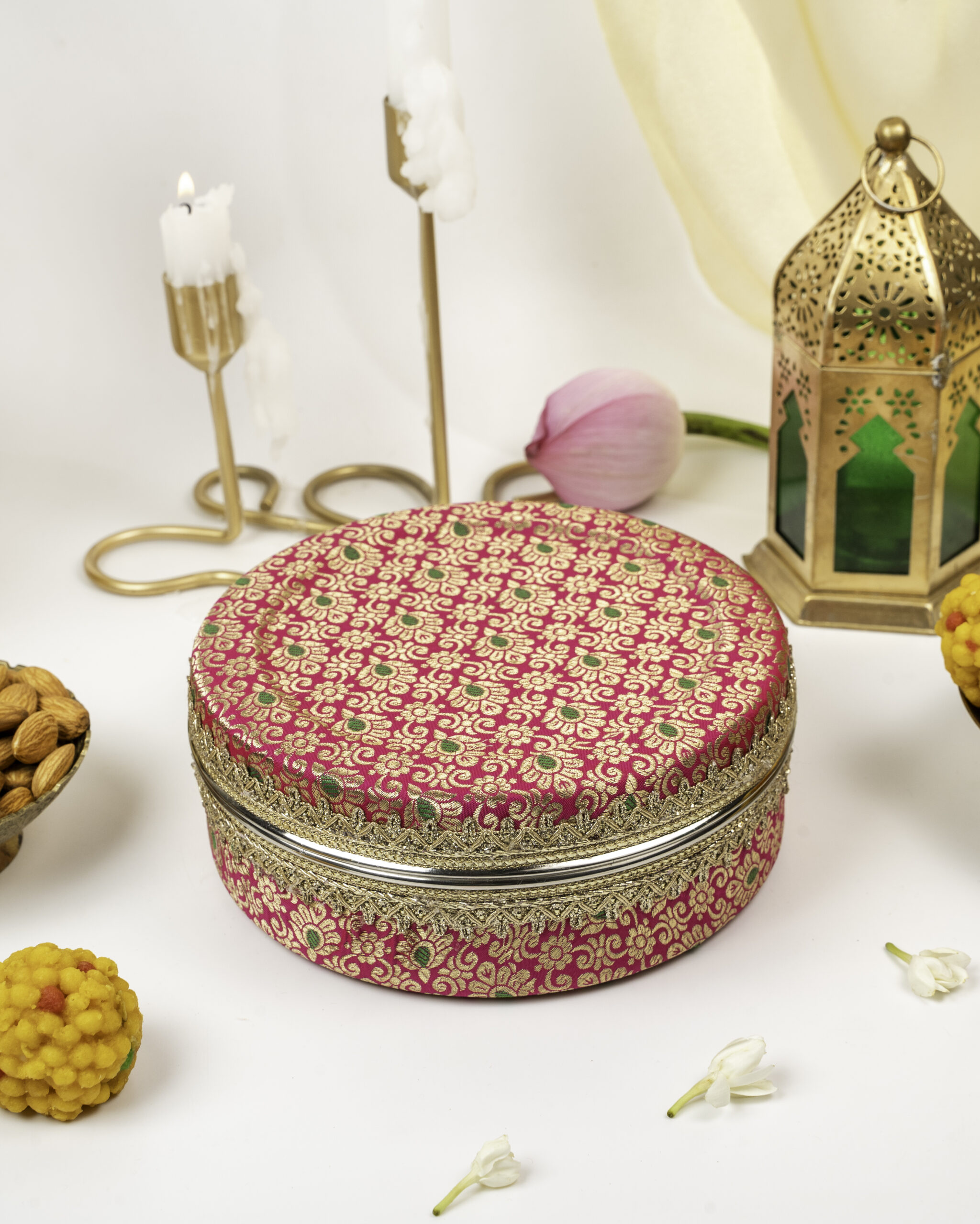 Gulzaar Brocade Ladoo Box Small, a wedding product used for sweets storing and gifting purposes, by Navka Studio
