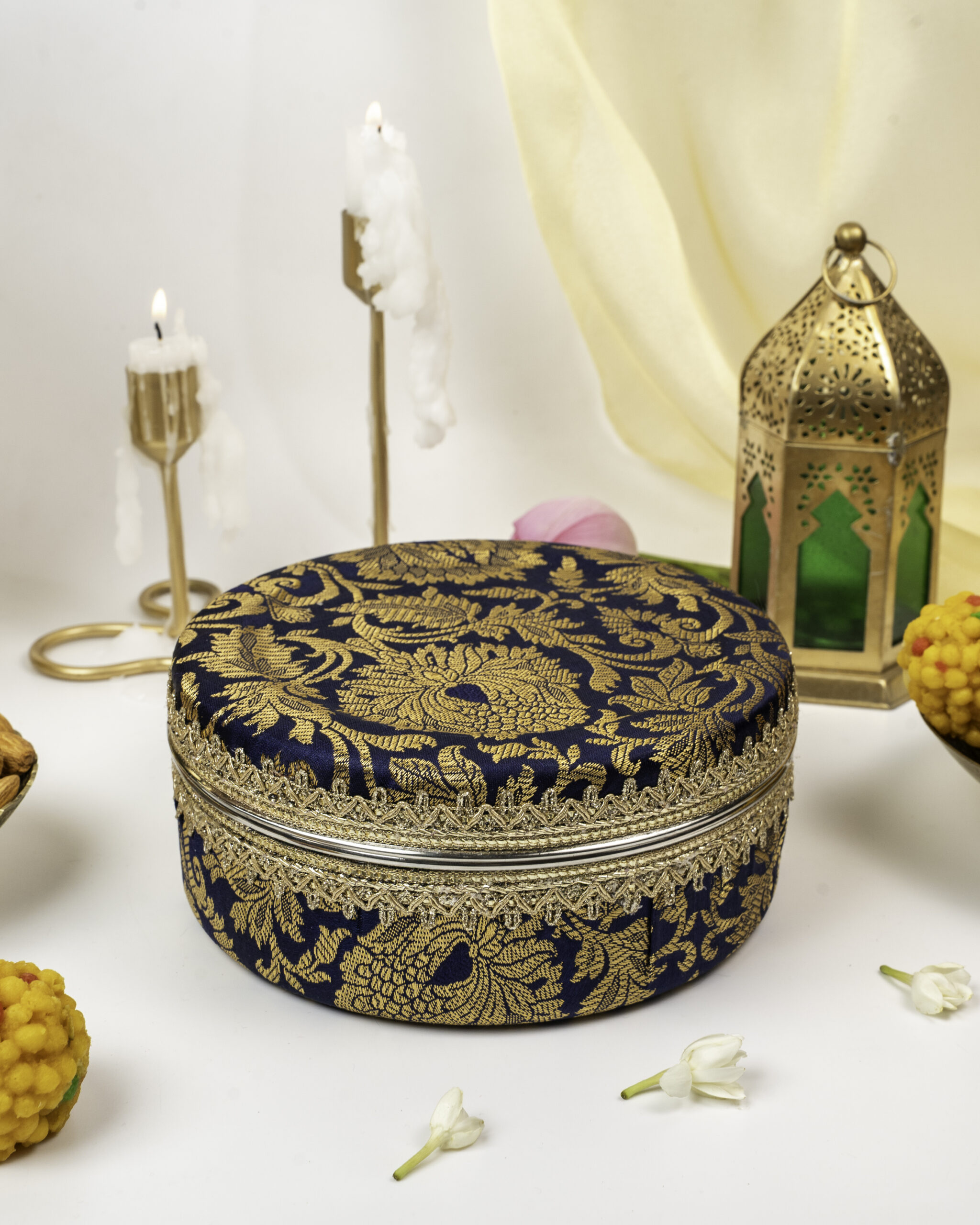 Chandni Brocade Ladoo Box Small, a wedding product used of holding sweets and gifting purposes, by Navka Studio