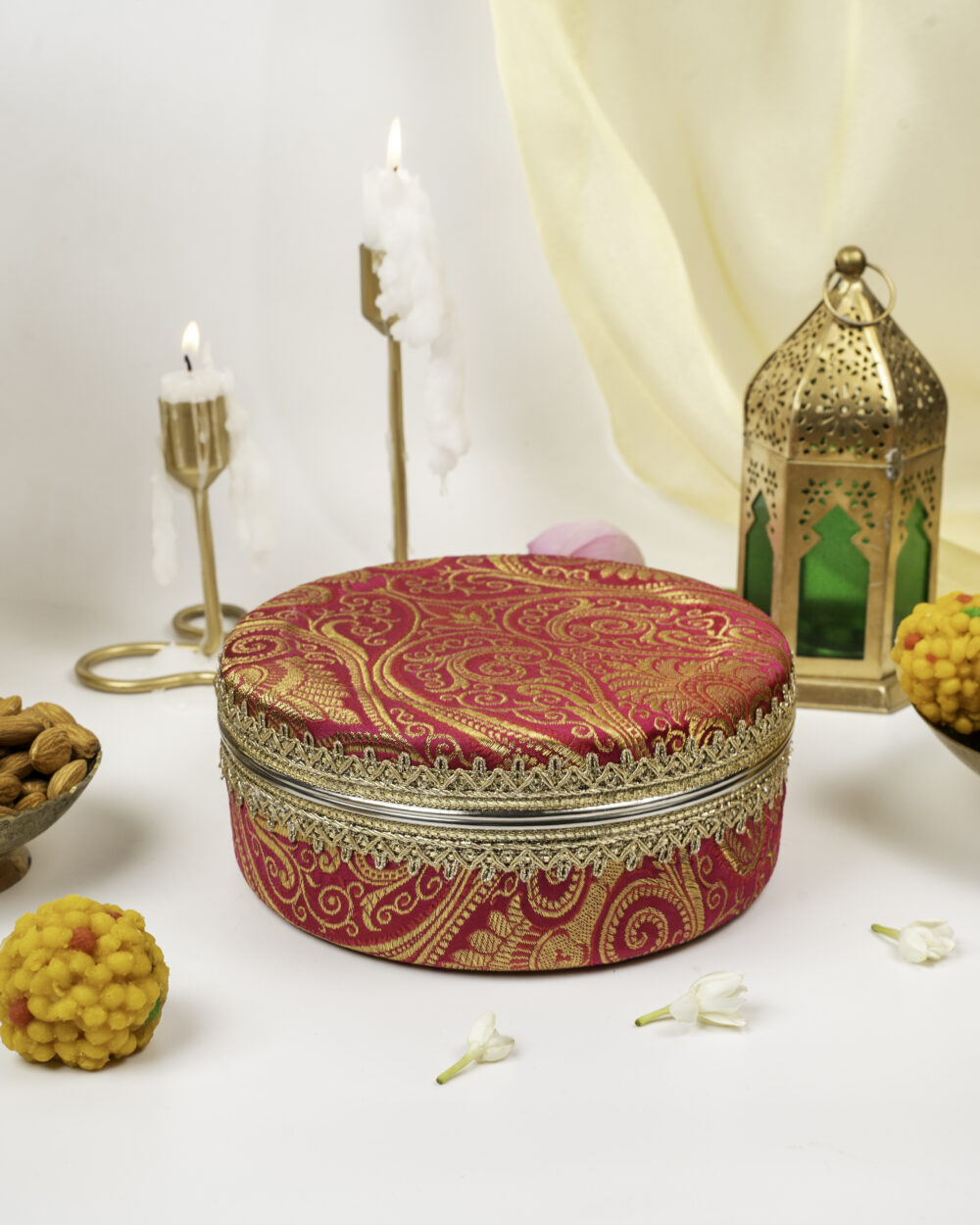 Gulzaar Paisley Brocade Ladoo Box Small, a wedding product used of sweets storing and gifting purposes in Punjabi weddings, by Navka Studio